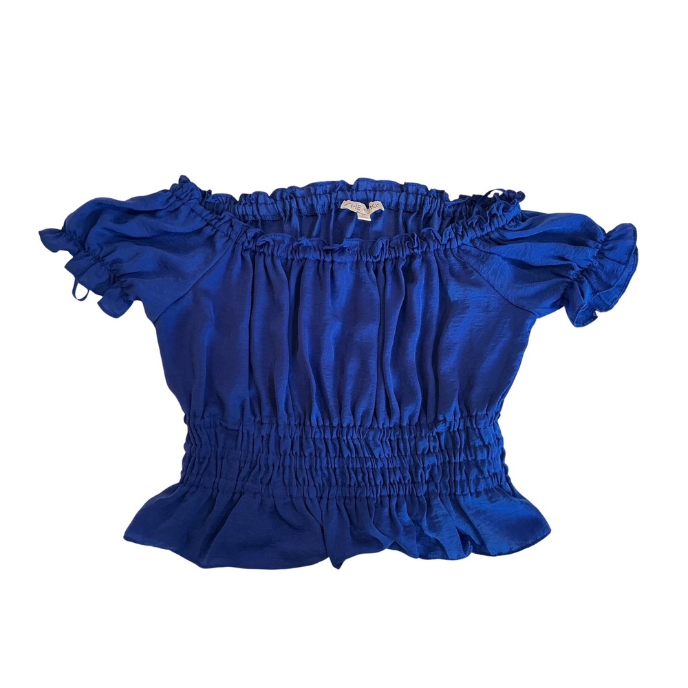 She + Sky Royal Blue Off The Shoulder Smocked Waist Ruffle Crop Top Medium
